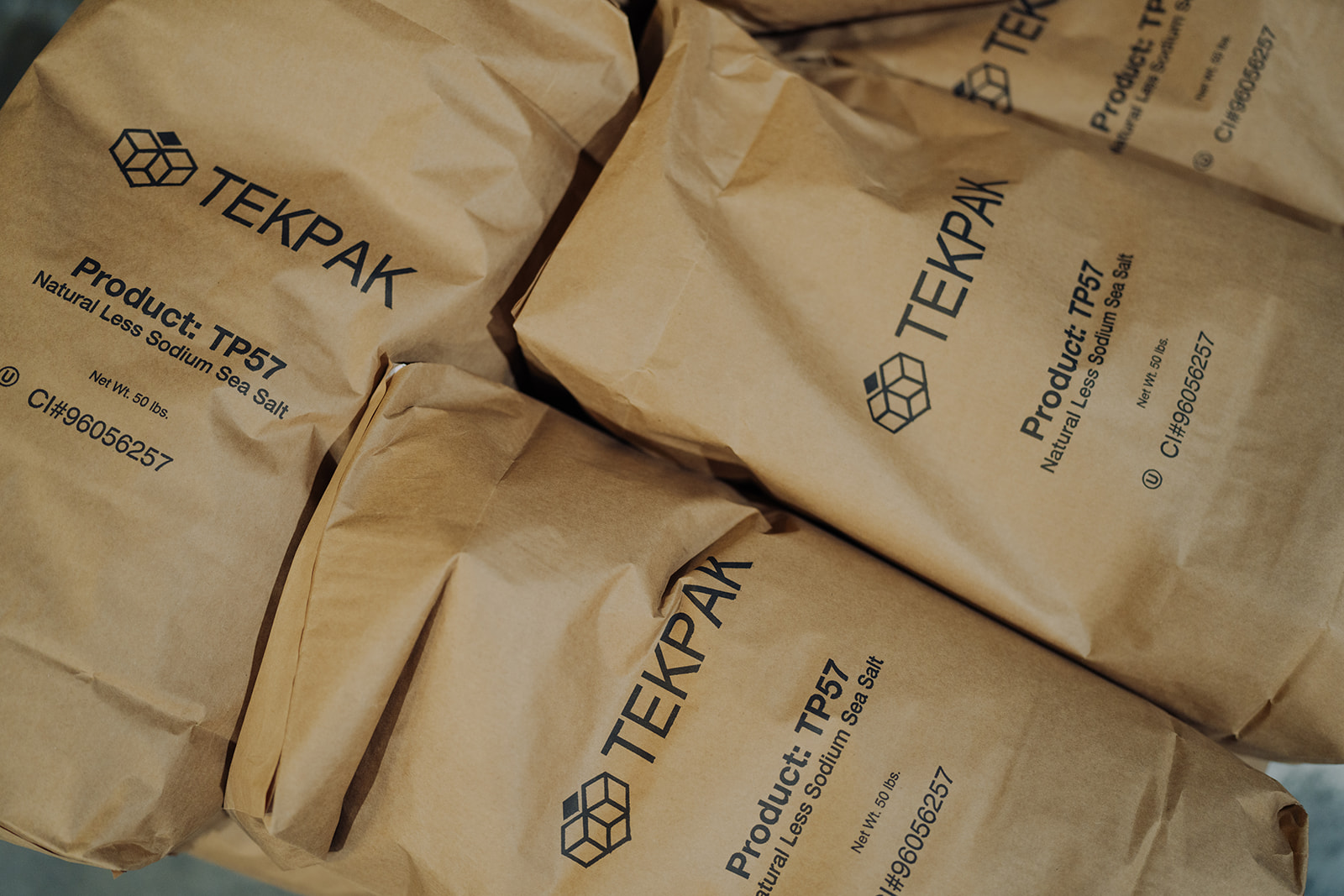 Pallet of TEKPAK-branded sea salt bags at TEKPAK's Marion, AL facility